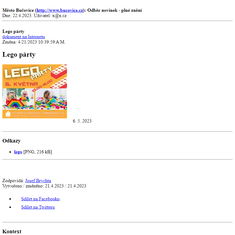 Odběr novinek ze dne 22.4.2023 - dokument Lego párty