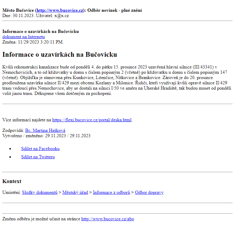 Odběr novinek ze dne 30.11.2023 - dokument Informace o uzavírkách na Bučovicku