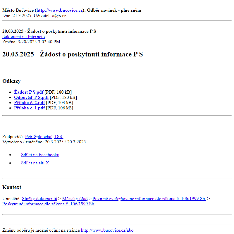 Odběr novinek ze dne 21.3.2025 - dokument 20.03.2025 - Žádost o poskytnutí informace P S