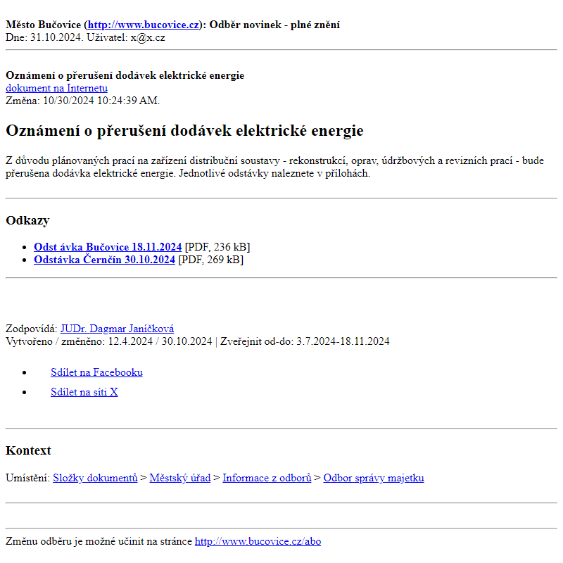 Odběr novinek ze dne 31.10.2024 - dokument Oznámení o přerušení dodávek elektrické energie