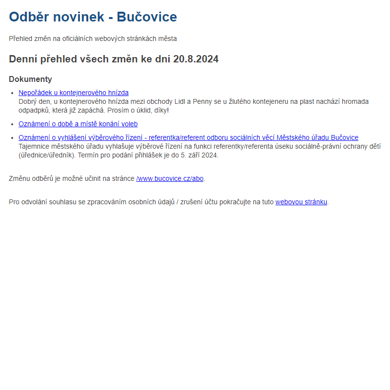 Odběr novinek ze dne 20.8.2024