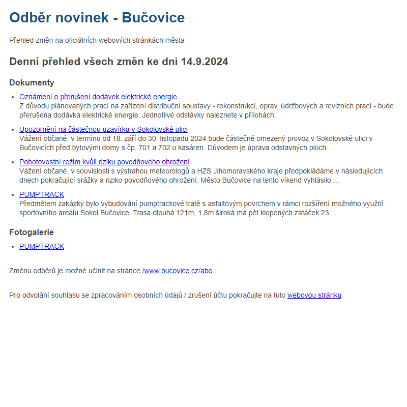 Odběr novinek ze dne 14.9.2024