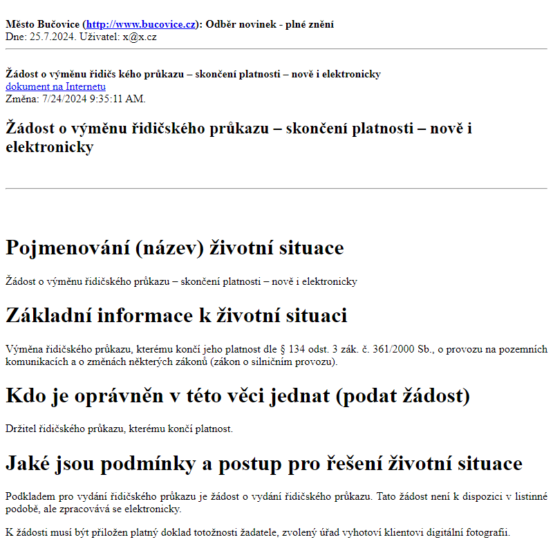 Odběr novinek ze dne 25.7.2024 - dokument Žádost o výměnu řidičského průkazu – skončení platnosti – nově i elektronicky