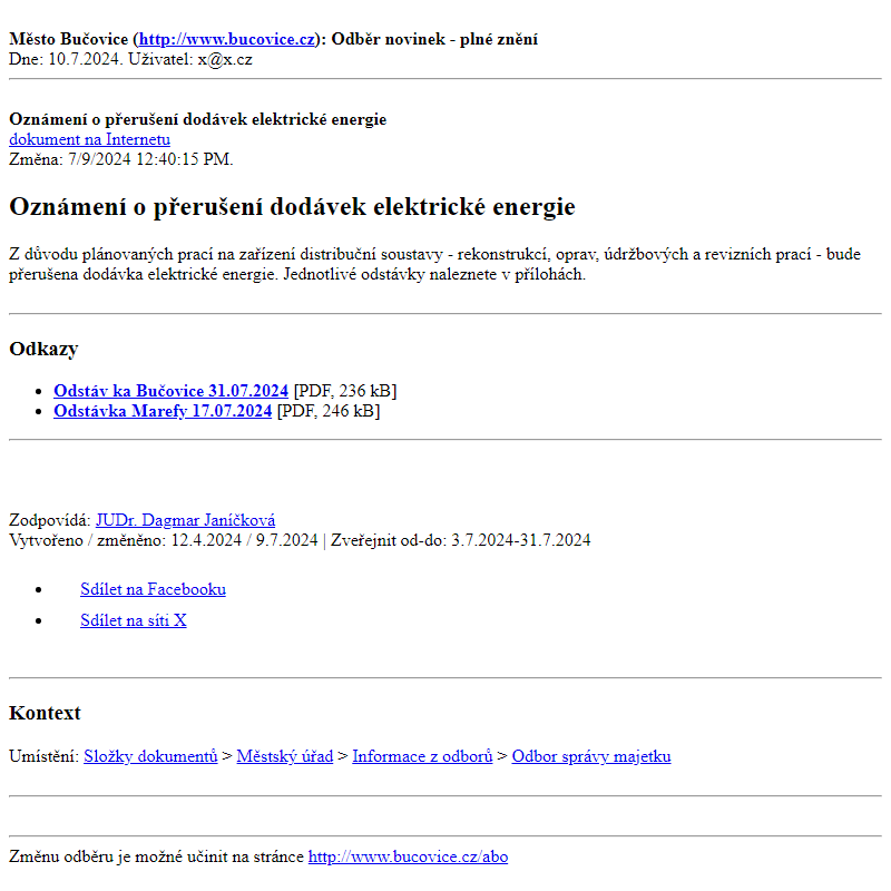 Odběr novinek ze dne 10.7.2024 - dokument Oznámení o přerušení dodávek elektrické energie