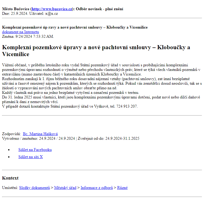 Odběr novinek ze dne 25.9.2024 - dokument Komplexní pozemkové úpravy a nové pachtovní smlouvy – Kloboučky a Vícemilice