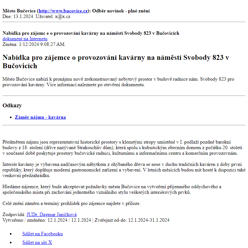 Odběr novinek ze dne 13.1.2024 - dokument Nabídka pro zájemce o provozování kavárny na náměstí Svobody 823 v Bučovicích