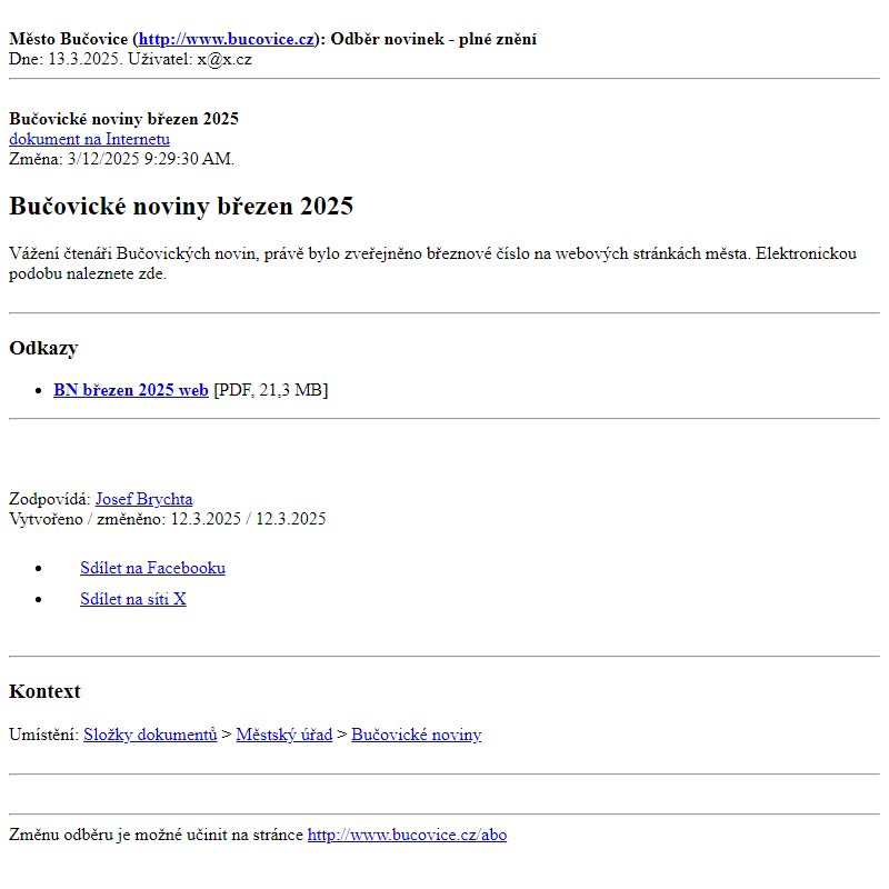 Odběr novinek ze dne 13.3.2025 - dokument Bučovické noviny březen 2025
