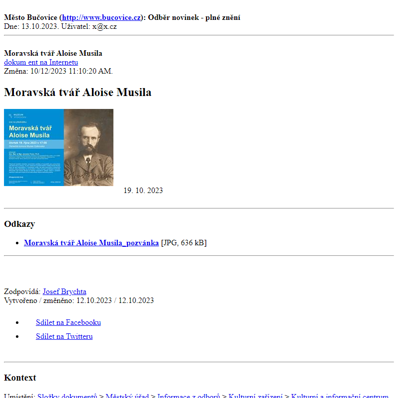 Odběr novinek ze dne 13.10.2023 - dokument Moravská tvář Aloise Musila