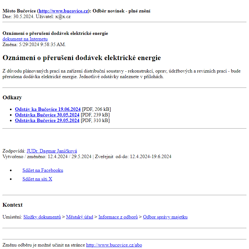 Odběr novinek ze dne 30.5.2024 - dokument Oznámení o přerušení dodávek elektrické energie