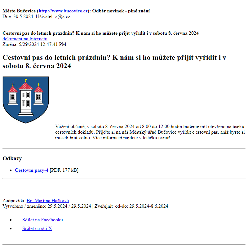 Odběr novinek ze dne 30.5.2024 - dokument Cestovní pas do letních prázdnin? K nám si ho můžete přijít vyřídit i v sobotu 8. června 2024