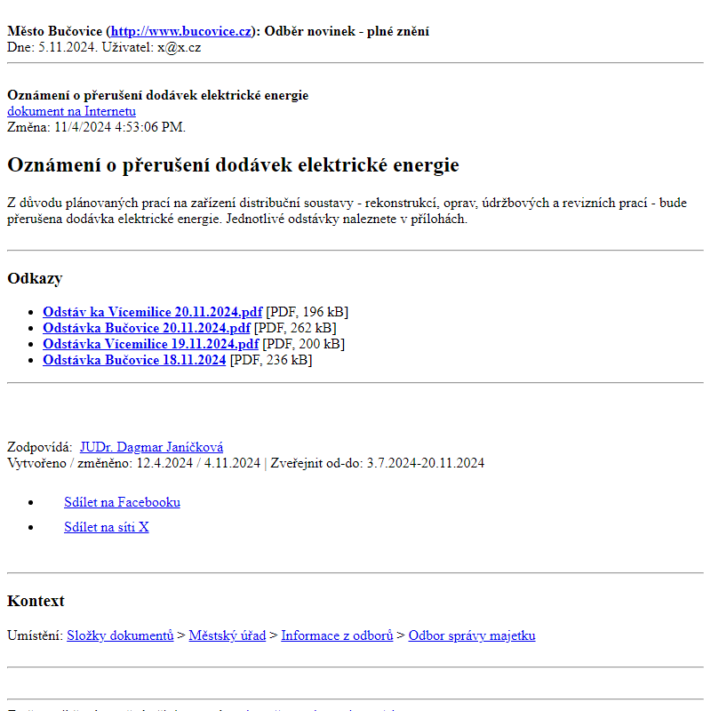 Odběr novinek ze dne 5.11.2024 - dokument Oznámení o přerušení dodávek elektrické energie