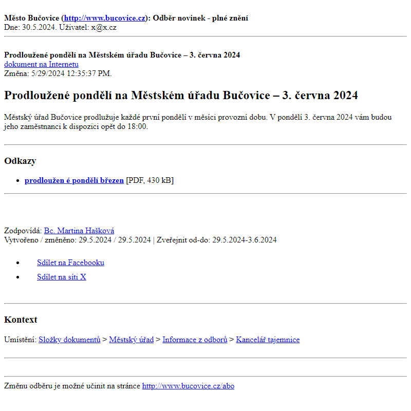 Odběr novinek ze dne 30.5.2024 - dokument Prodloužené pondělí na Městském úřadu Bučovice – 3. června 2024