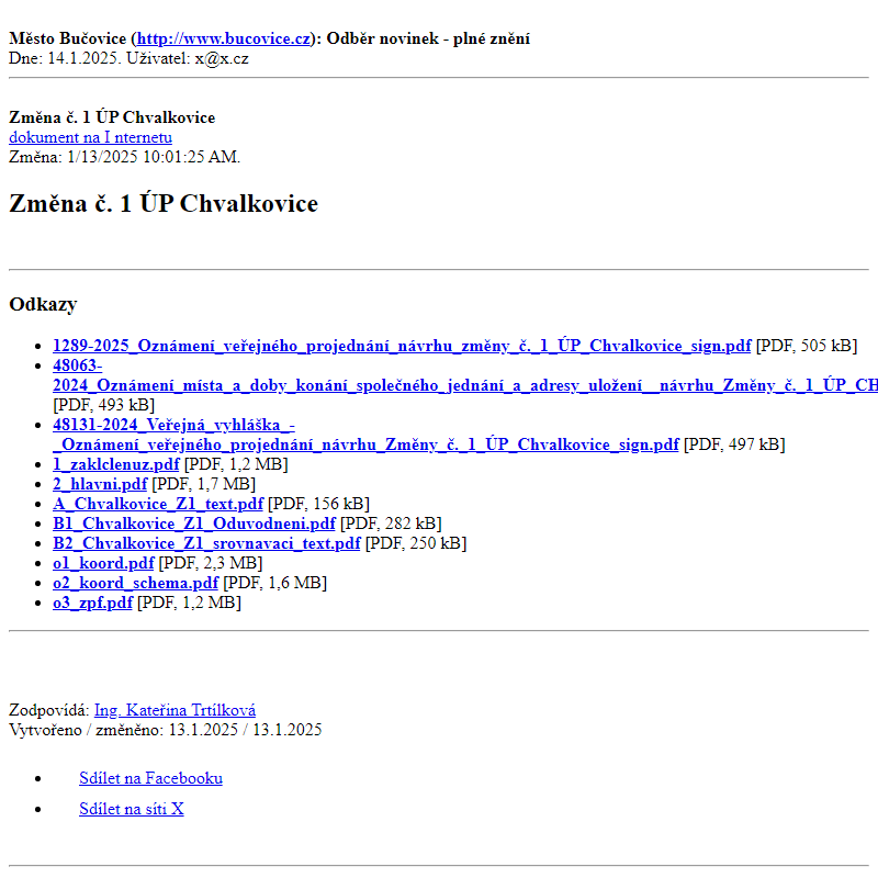 Odběr novinek ze dne 14.1.2025 - dokument Změna č. 1 ÚP Chvalkovice