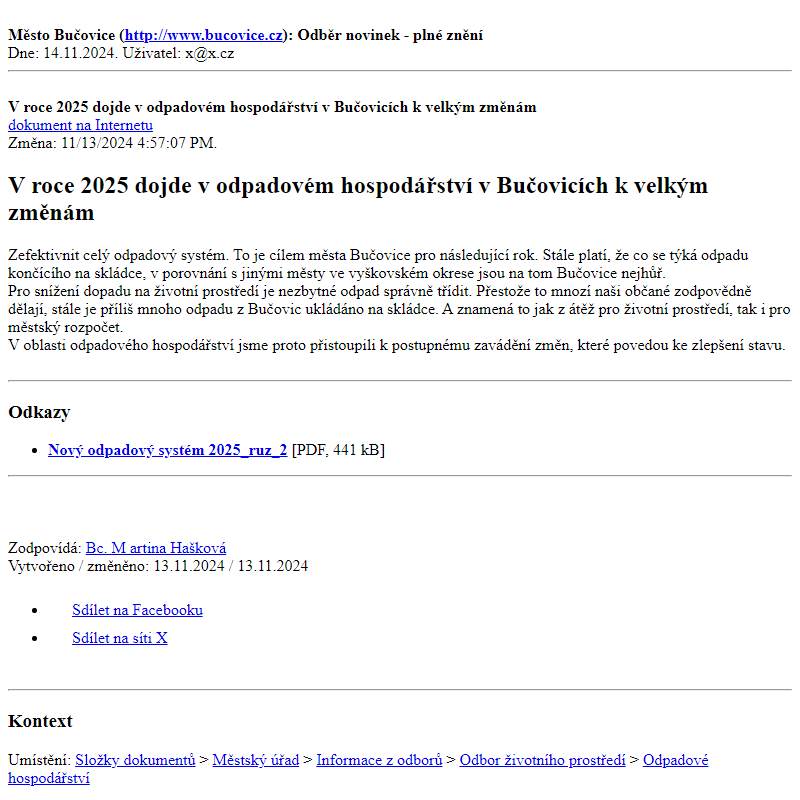 Odběr novinek ze dne 14.11.2024 - dokument V roce 2025 dojde v odpadovém hospodářství v Bučovicích k velkým změnám