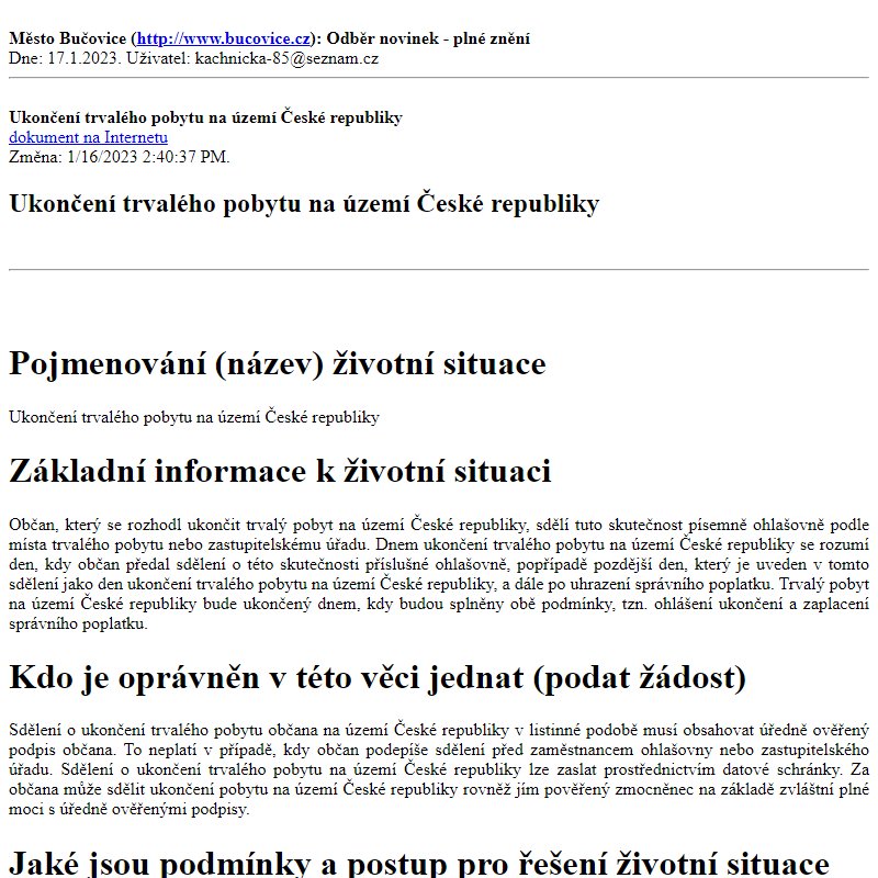 Odběr novinek ze dne 17.1.2023 - dokument Ukončení trvalého pobytu na území České republiky