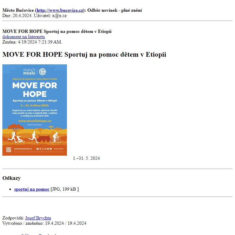 Odběr novinek ze dne 20.4.2024 - dokument MOVE FOR HOPE Sportuj na pomoc dětem v Etiopii