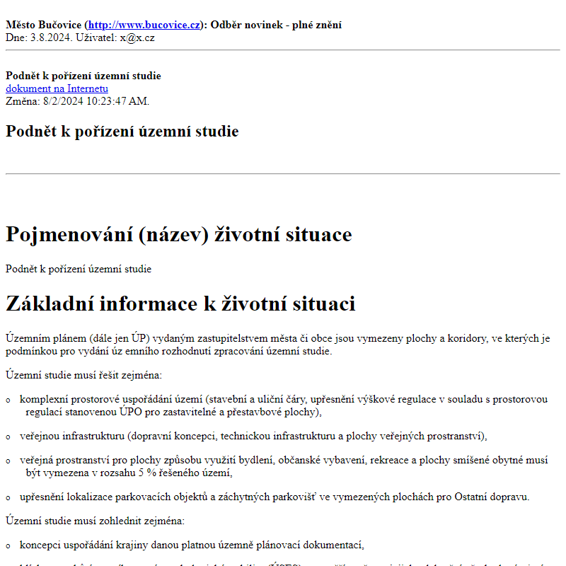 Odběr novinek ze dne 3.8.2024 - dokument Podnět k pořízení územní studie