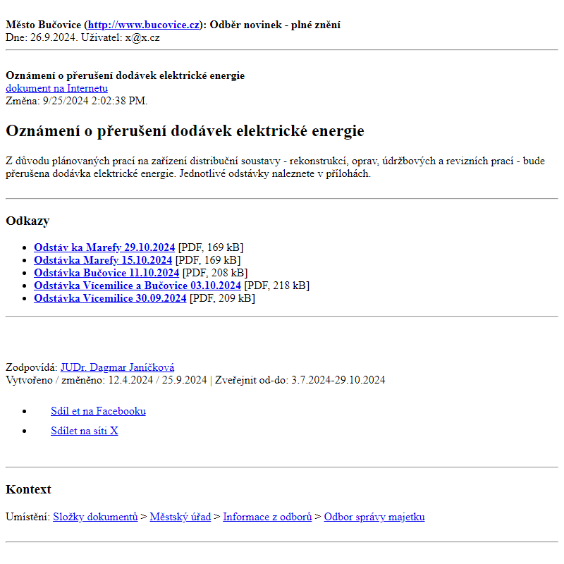 Odběr novinek ze dne 26.9.2024 - dokument Oznámení o přerušení dodávek elektrické energie