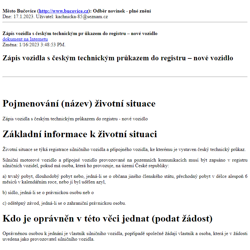 Odběr novinek ze dne 17.1.2023 - dokument Zápis vozidla s českým technickým průkazem do registru – nové vozidlo