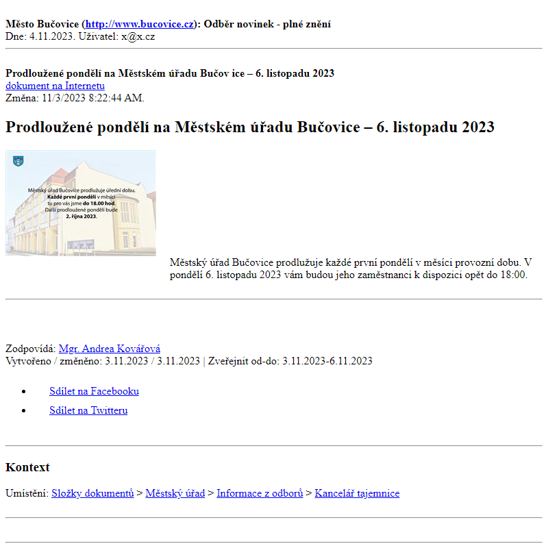 Odběr novinek ze dne 4.11.2023 - dokument Prodloužené pondělí na Městském úřadu Bučovice – 6. listopadu 2023