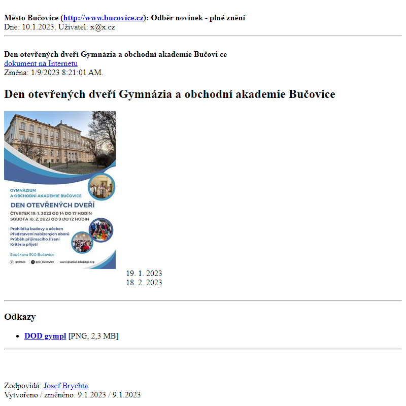 Odběr novinek ze dne 10.1.2023 - dokument Den otevřených dveří Gymnázia a obchodní akademie Bučovice