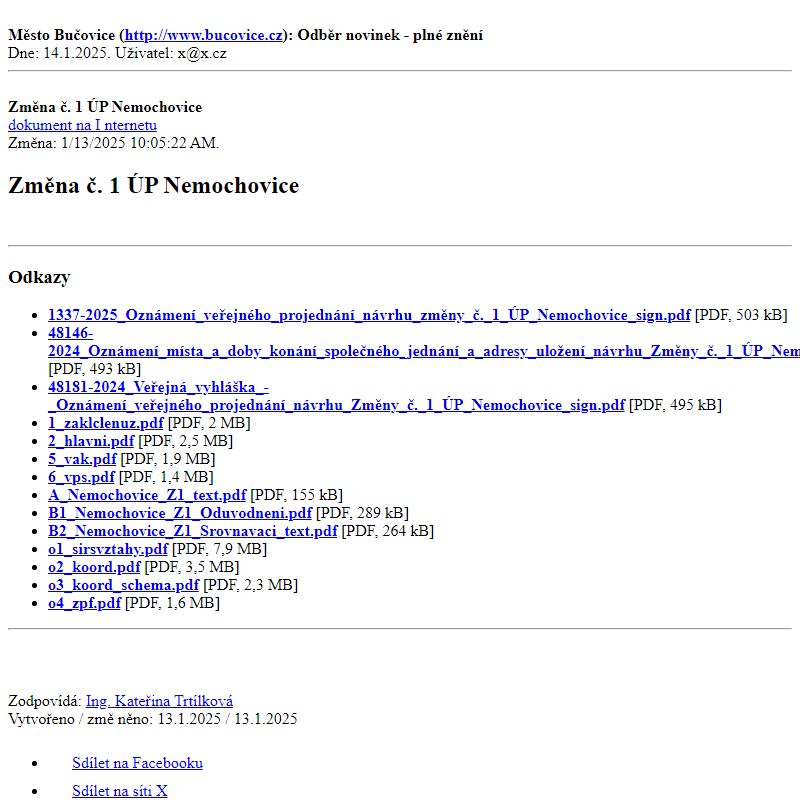 Odběr novinek ze dne 14.1.2025 - dokument Změna č. 1 ÚP Nemochovice