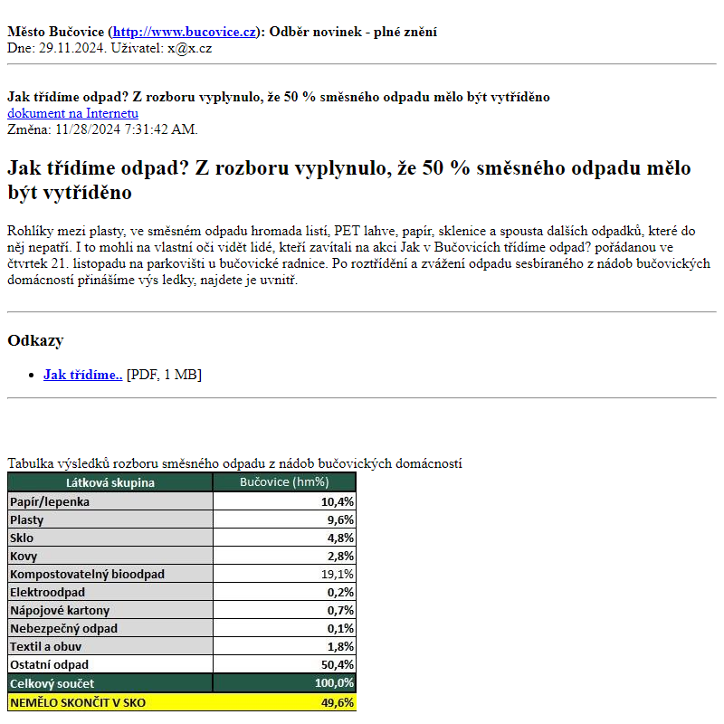 Odběr novinek ze dne 29.11.2024 - dokument Jak třídíme odpad? Z rozboru vyplynulo, že 50 % směsného odpadu mělo být vytříděno