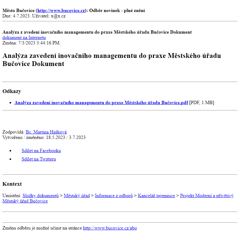 Odběr novinek ze dne 4.7.2023 - dokument Analýza zavedení inovačního managementu do praxe Městského úřadu Bučovice Dokument