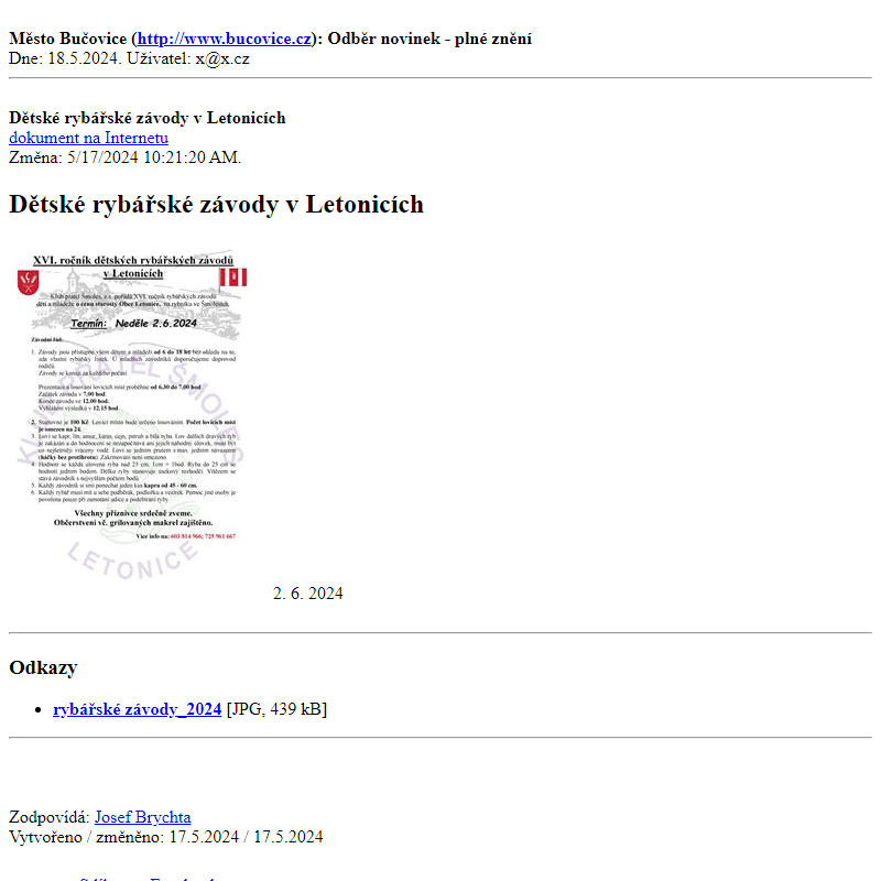 Odběr novinek ze dne 18.5.2024 - dokument Dětské rybářské závody v Letonicích