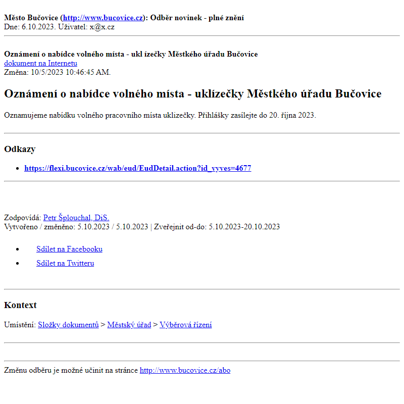 Odběr novinek ze dne 6.10.2023 - dokument Oznámení o nabídce volného místa - uklízečky Městkého úřadu Bučovice