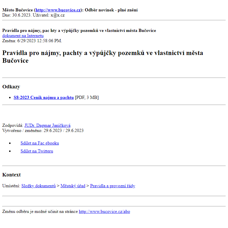 Odběr novinek ze dne 30.6.2023 - dokument Pravidla pro nájmy, pachty a výpůjčky pozemků ve vlastnictví města Bučovice