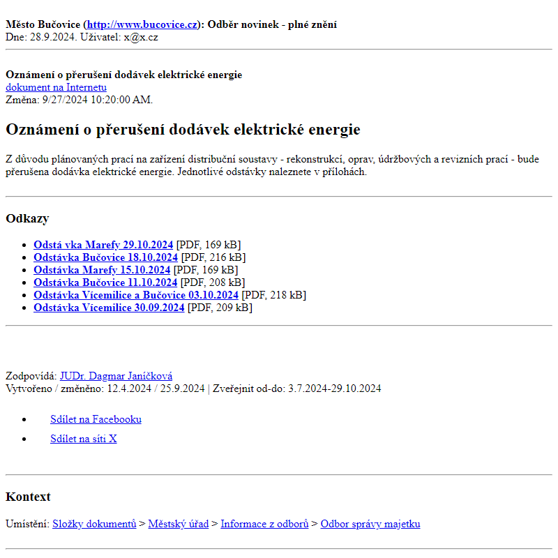 Odběr novinek ze dne 28.9.2024 - dokument Oznámení o přerušení dodávek elektrické energie