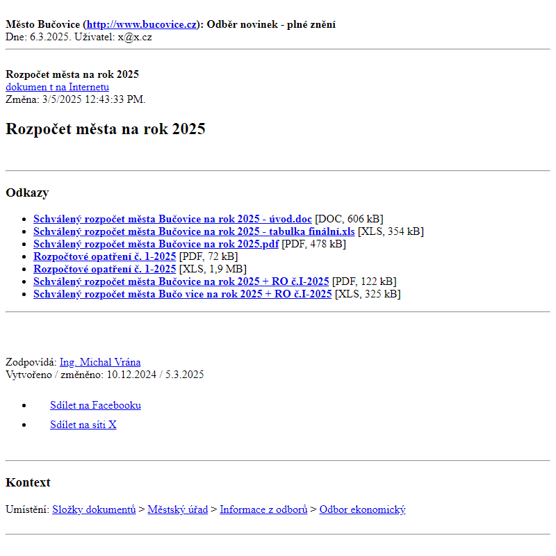 Odběr novinek ze dne 6.3.2025 - dokument Rozpočet města na rok 2025