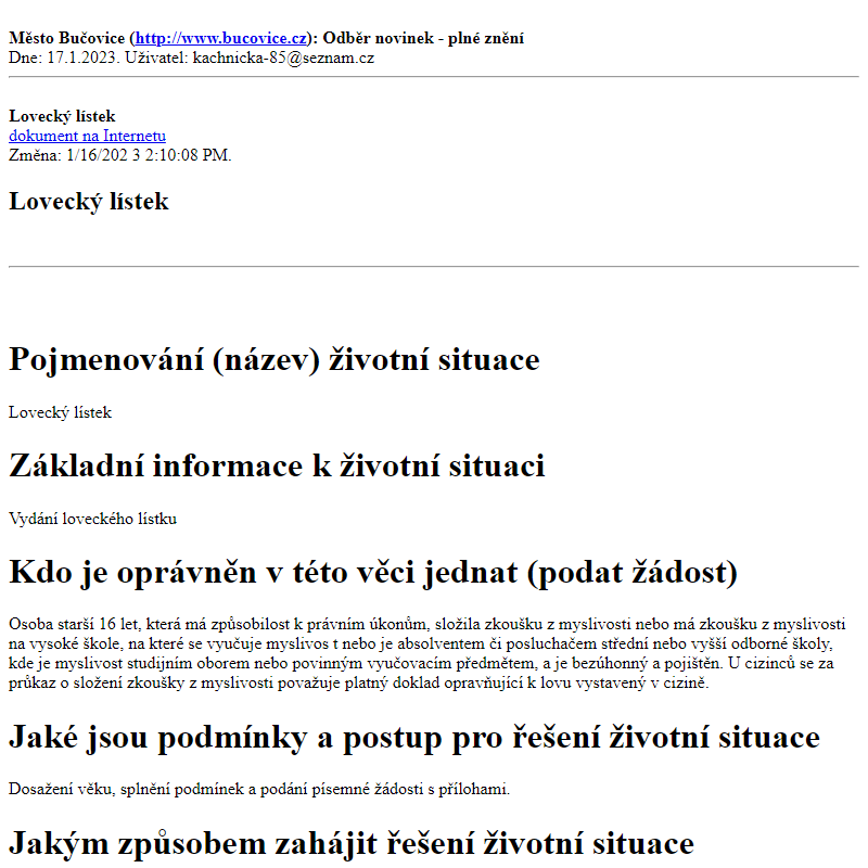 Odběr novinek ze dne 17.1.2023 - dokument Lovecký lístek