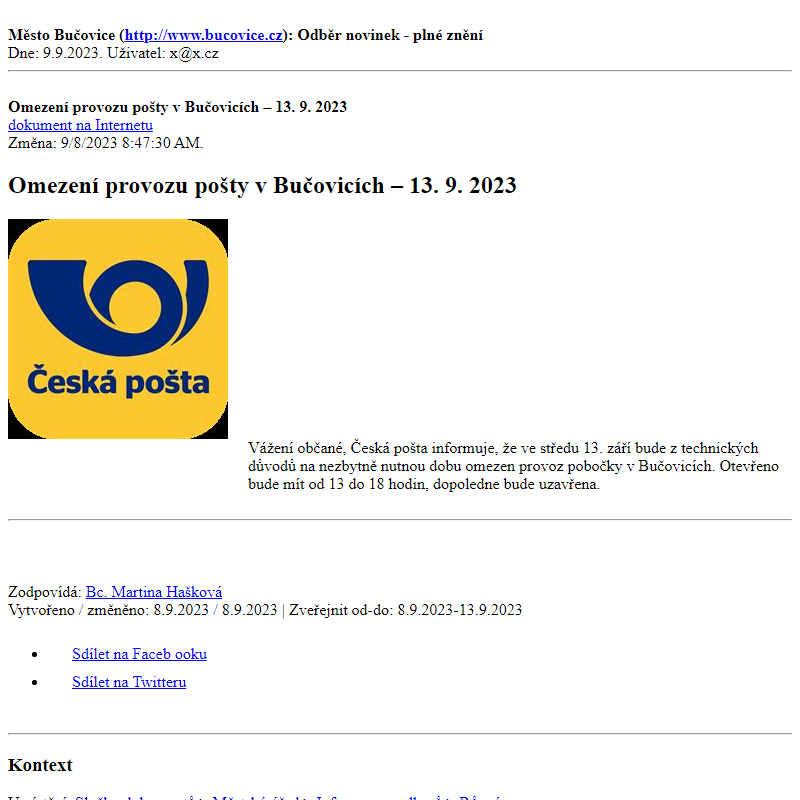Odběr novinek ze dne 9.9.2023 - dokument Omezení provozu pošty v Bučovicích – 13. 9. 2023