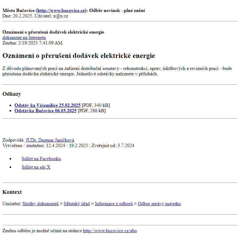 Odběr novinek ze dne 20.2.2025 - dokument Oznámení o přerušení dodávek elektrické energie