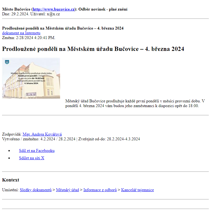 Odběr novinek ze dne 29.2.2024 - dokument Prodloužené pondělí na Městském úřadu Bučovice – 4. března 2024