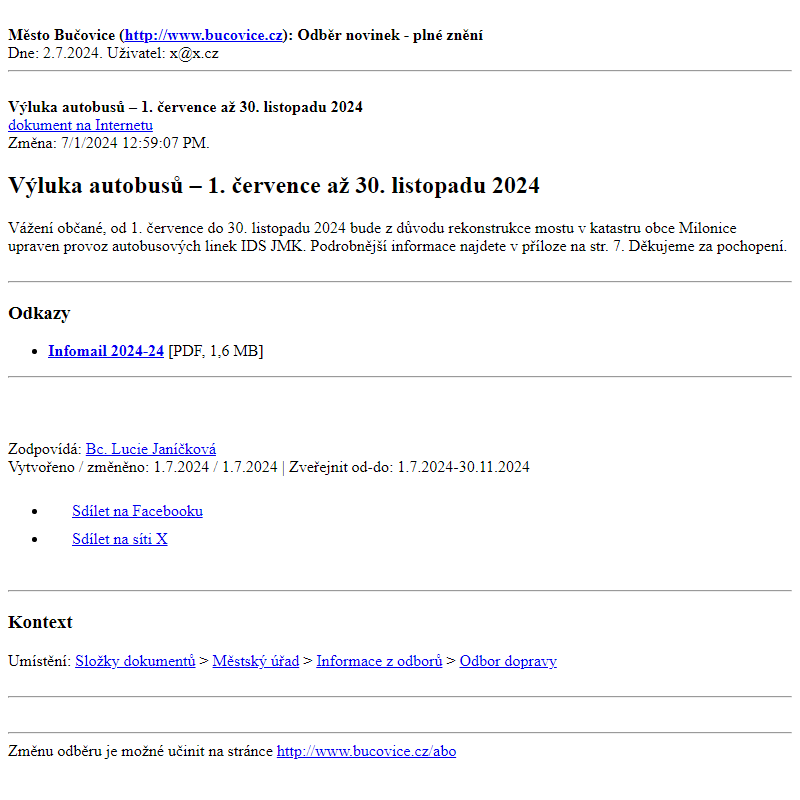 Odběr novinek ze dne 2.7.2024 - dokument Výluka autobusů – 1. července až 30. listopadu 2024