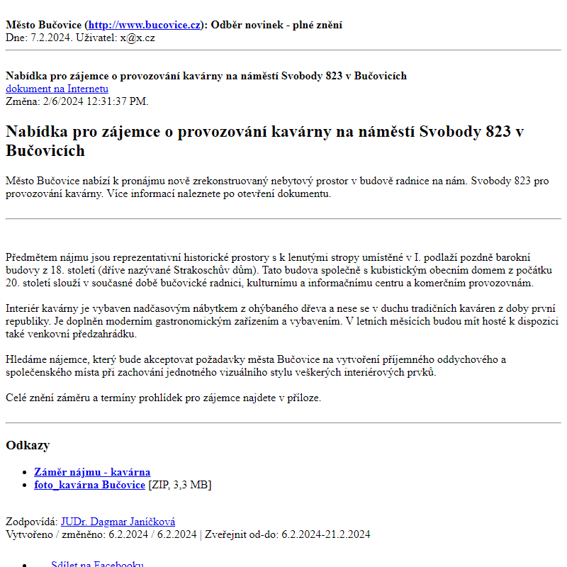 Odběr novinek ze dne 7.2.2024 - dokument Nabídka pro zájemce o provozování kavárny na náměstí Svobody 823 v Bučovicích