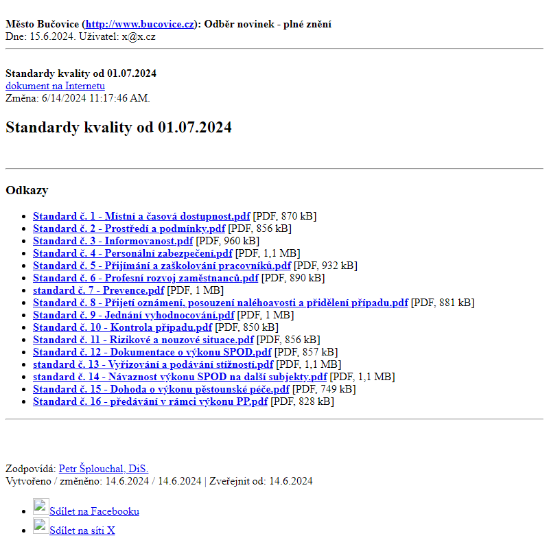 Odběr novinek ze dne 15.6.2024 - dokument Standardy kvality od 01.07.2024