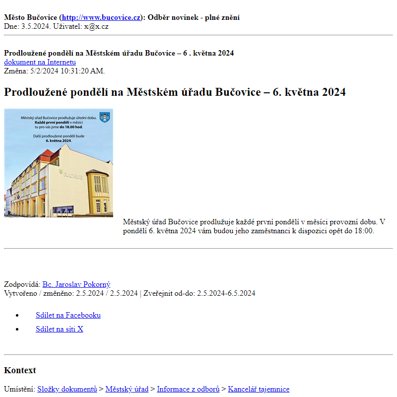 Odběr novinek ze dne 3.5.2024 - dokument Prodloužené pondělí na Městském úřadu Bučovice – 6. května 2024