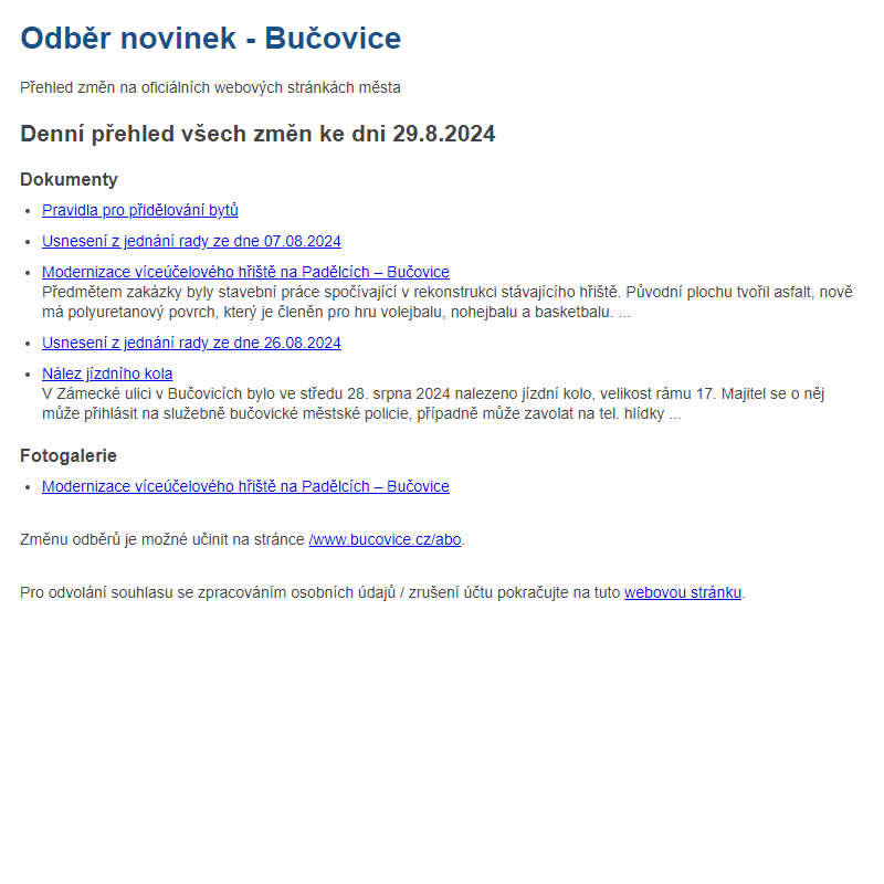 Odběr novinek ze dne 29.8.2024