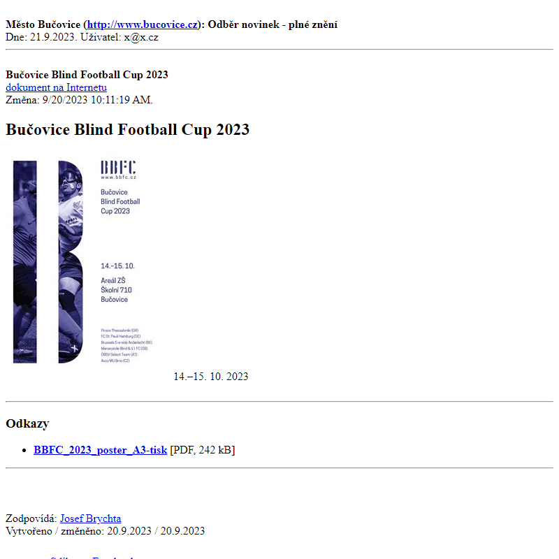 Odběr novinek ze dne 21.9.2023 - dokument Bučovice Blind Football Cup 2023
