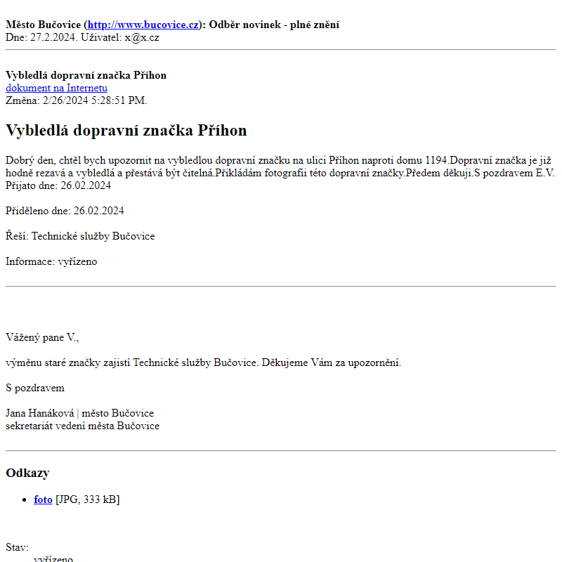 Odběr novinek ze dne 27.2.2024 - dokument Vybledlá dopravní značka Příhon