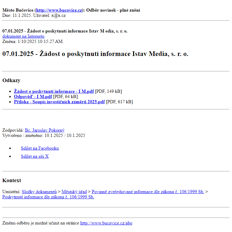 Odběr novinek ze dne 11.1.2025 - dokument 07.01.2025 - Žádost o poskytnutí informace Istav Media, s. r. o.