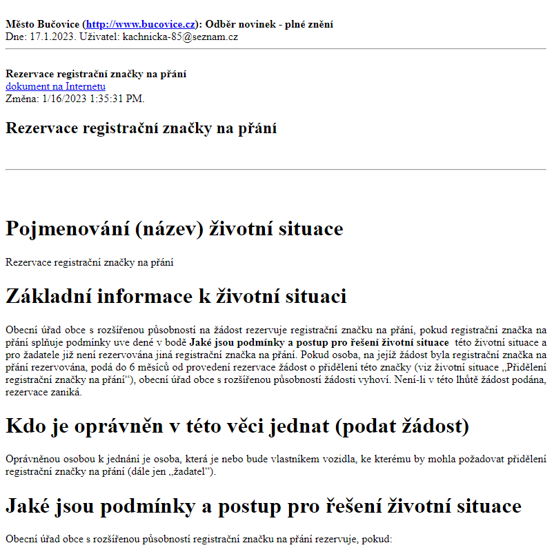 Odběr novinek ze dne 17.1.2023 - dokument Rezervace registrační značky na přání