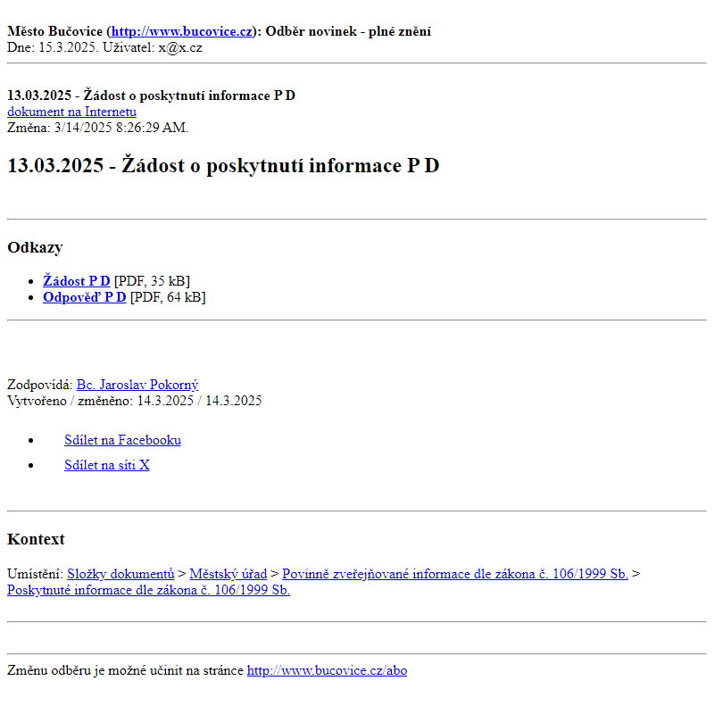 Odběr novinek ze dne 15.3.2025 - dokument 13.03.2025 - Žádost o poskytnutí informace P D