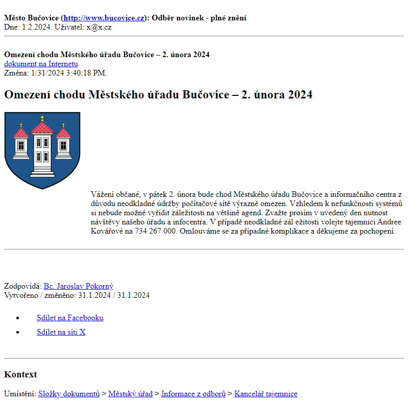 Odběr novinek ze dne 1.2.2024 - dokument Omezení chodu Městského úřadu Bučovice – 2. února 2024