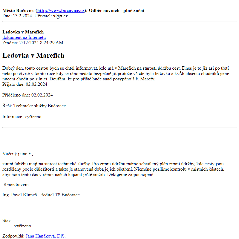 Odběr novinek ze dne 13.2.2024 - dokument Ledovka v Marefích