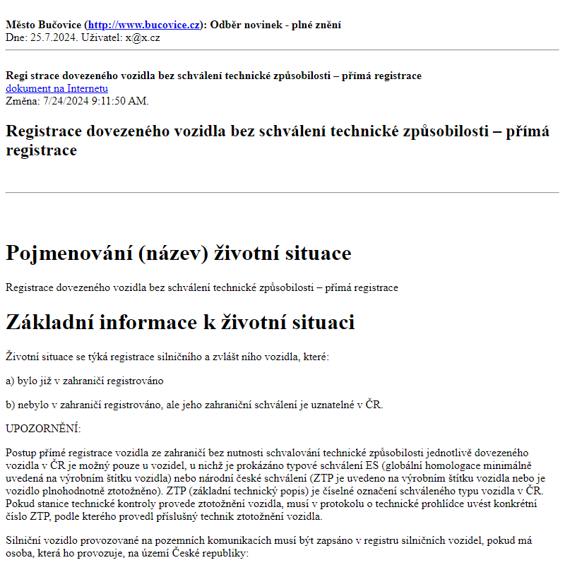 Odběr novinek ze dne 25.7.2024 - dokument Registrace dovezeného vozidla bez schválení technické způsobilosti – přímá registrace